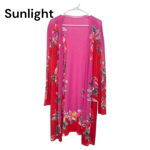 CHICOS Womens 2 Red & Pink Floral Long Sleeve Open Cardigan Kimono Long Duster
